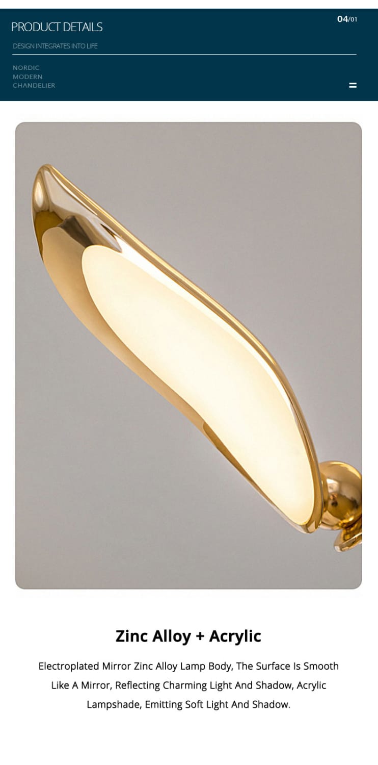 A luxury minimalist creative seagull wall lamp in gold with a smooth mirror-finished zinc alloy body and an acrylic lampshade emitting soft light for bedroom or living room use.