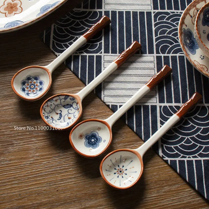 DecorBites™ Japanese Vine Ceramic Spoon Set - Ins Wind Hand-painted Long Handle Dessert Spoons