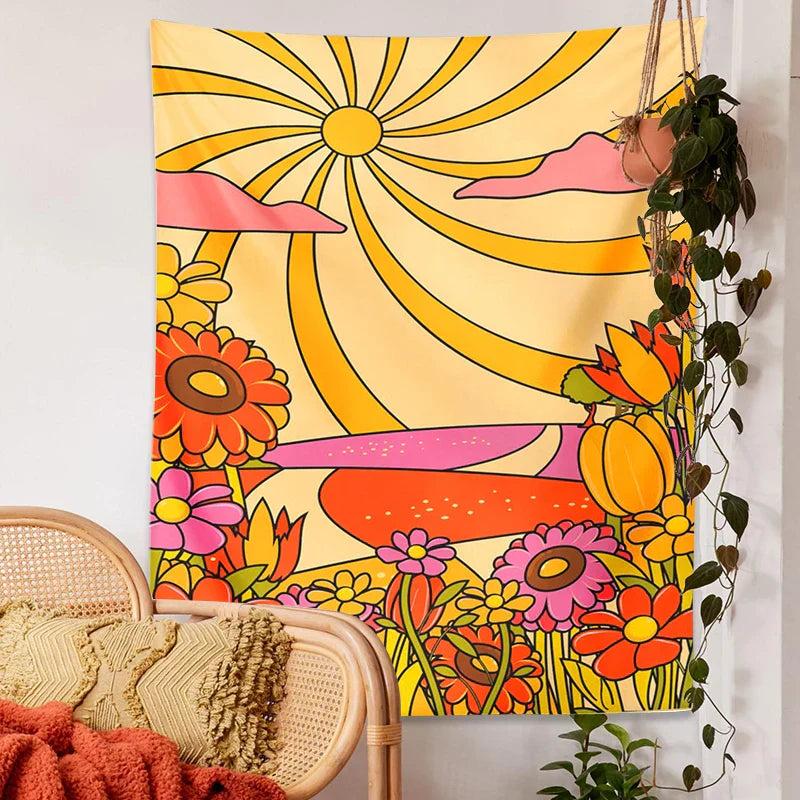 Decobites Retro Floral Rainbow Sun Wall Hanging: Abstract Landscape Vintage Art