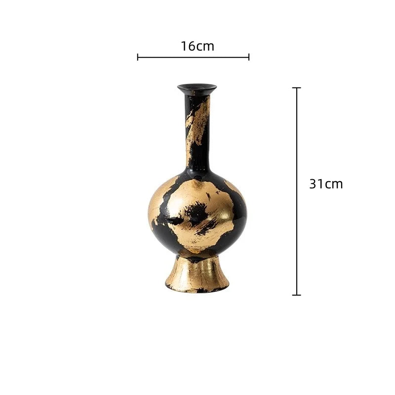 مزهرية خزفية من ديكوربايتس™ بنقشة ورق ذهبي - أصيص زهور مصنوع يدويًا لتزيين المنزل