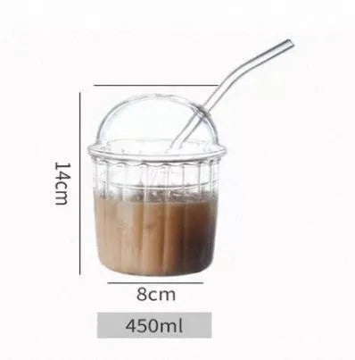DecorBites™ 450ml Striped Glass Cup with Lid and Straw, Ideal for Coffee, Juice, Milk, or Tea