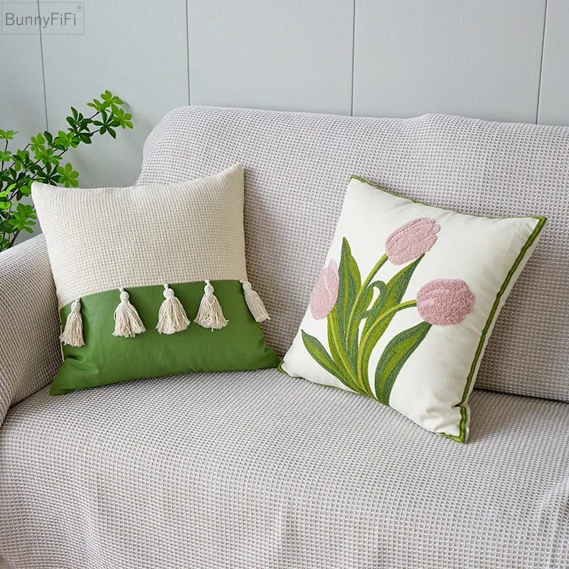 DecorBites™ Green Tulip Embroidery Pillowcase 45X45CM - Sofa Bed Office Car Chair Cover