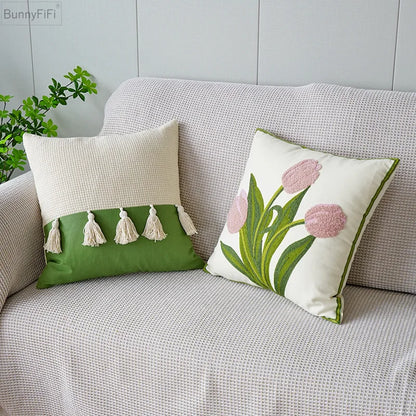DecorBites™ Green Tulip Embroidery Pillowcase 45X45CM - Sofa Bed Office Car Chair Cover
