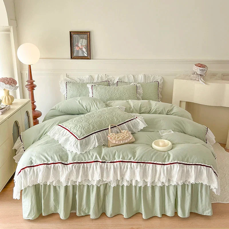 DecorBites™ Lace Ruffles Bedding Set: 4pcs Solid Color Princess Quilt Cover, Bed Skirt, 100% Cotton Pillowcase