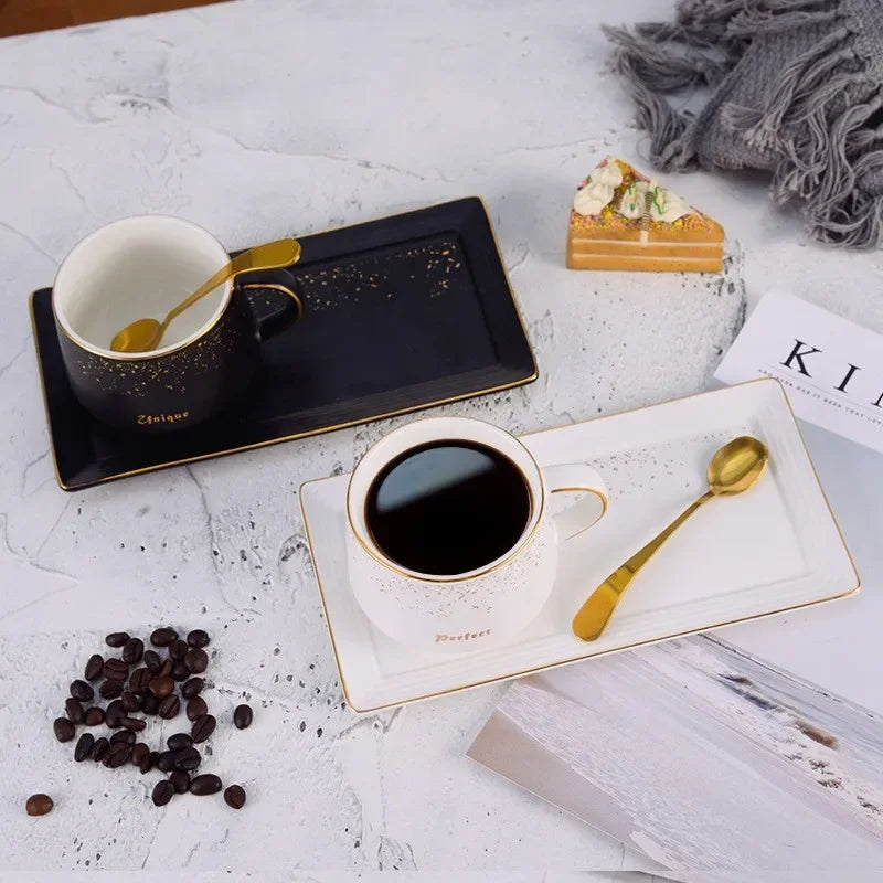 Juego de tazas de café de cerámica DecorBites™ de 250 ml con bandeja y cuchara - Tazas de porcelana de estilo europeo