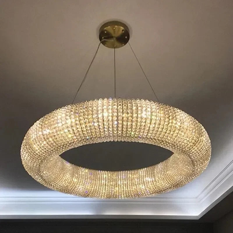 DecorBites™ Chrome Round Crystal Chandelier LED Pendant Light for Bedroom and Living Room