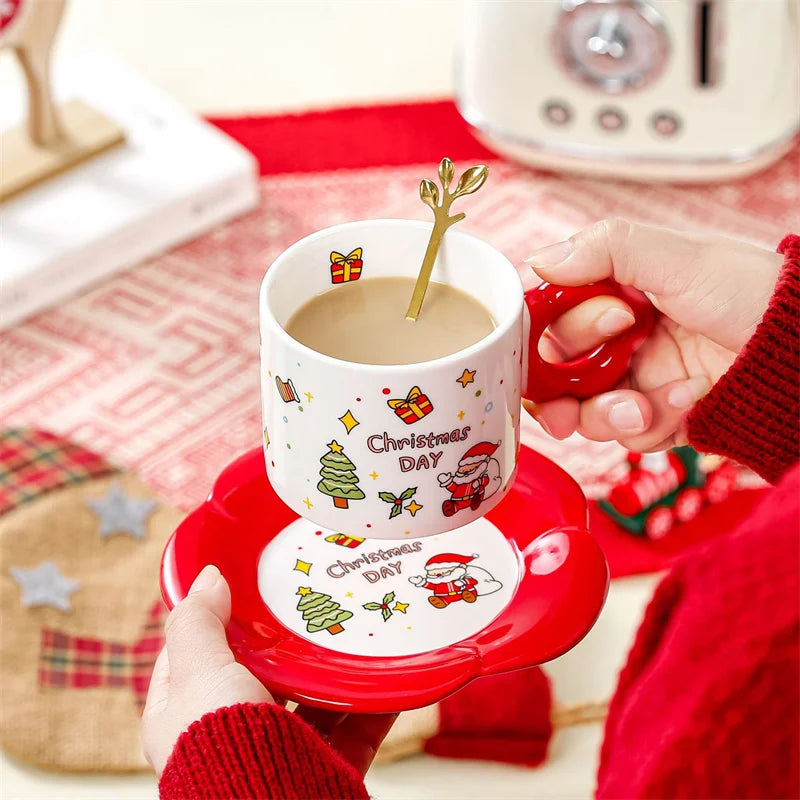 DecorBites™ Christmas Ceramic Santa Tea Set with Spoon, Festive Coffee Cup & Saucer
