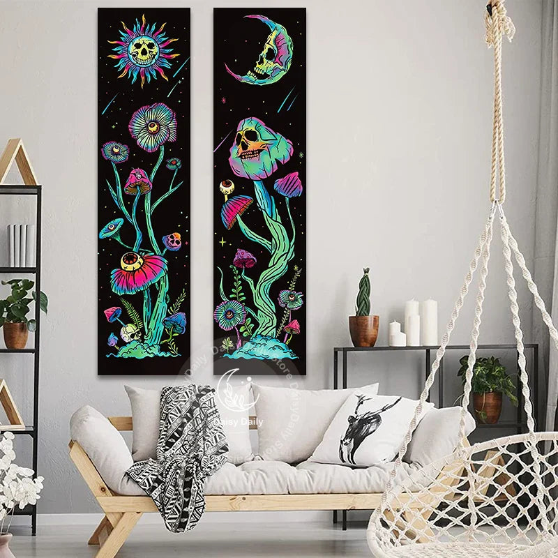 Decobites Sun Moon Vertical Skull Floral Galaxy Tapestry Space Wall Hanging