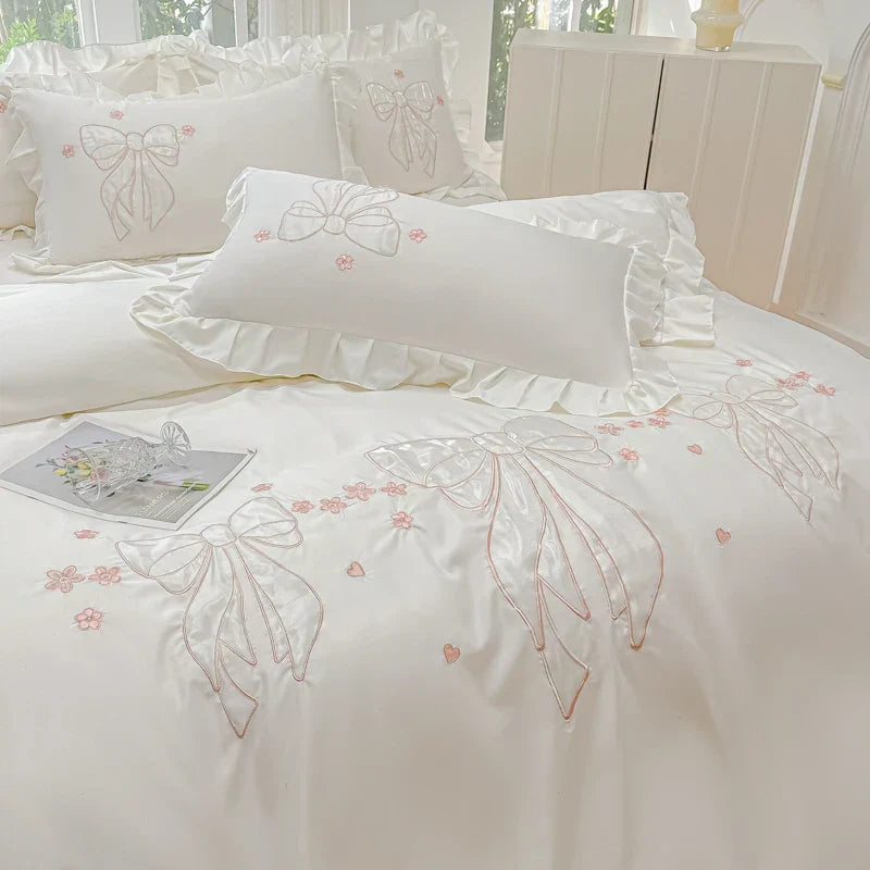 Decobites Ice Silk Embroidered Ruffles Duvet Set with Cool & Skin-Friendly Feel