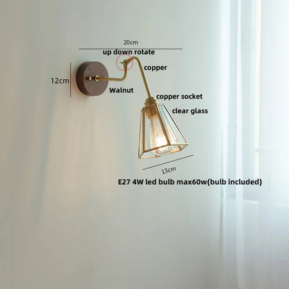 DecorBites™ Clear Glass LED Wall Sconce Pull Chain Switch Rotate Arm Walnut Wood Stair Light