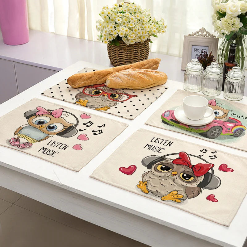 DecorBites™ Cute Owl Animal Placemat Music Bird Kitchen Dining Table Mats Coaster Bowl Cup Mat