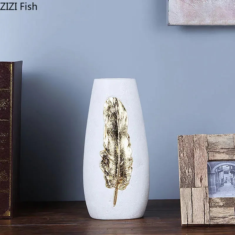 Juego de Jarrón de Pluma Dorada Decorbites™ y Flores Artificiales - Decoración Moderna para el Hogar
