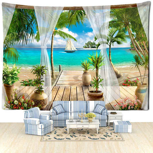 Beach Plank Path Tapestry - Decobites Tropical Landscape Art for Minimalist Room Decor