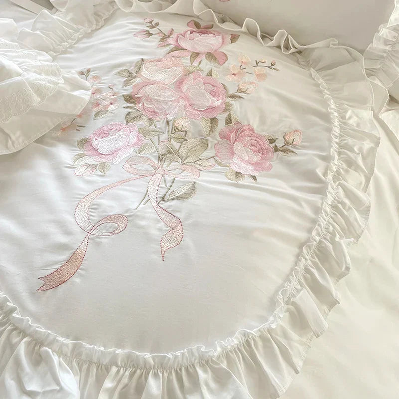 Decobites Vintage Rose Bouquet Embroidered Duvet Set with Ruffles & Patchwork