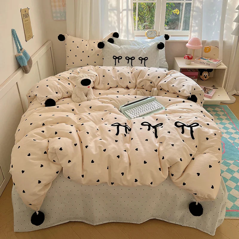 Decorbites™ Koreanische Prinzessin Bogen-Gitter Pompon-Bettwäsche-Set - Einzelbett Queen-Größe