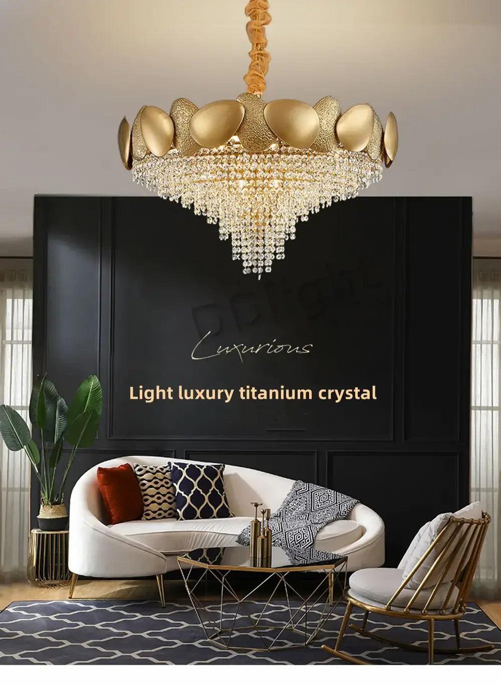 Luxury gold crystal led ceiling chandelier with tiered design featuring polished metallic leaf-shaped elements and cascading crystal droplets for living room.