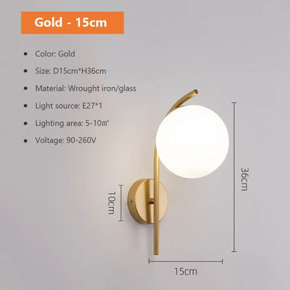 DecorBites™ Glass Shade Gold Wall Lamp Bedroom Bedside Spherical Aisle Light