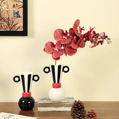 Jarrón de cerámica con rayas geométricas DecorBites™ Decoración para el hogar en blanco y negro