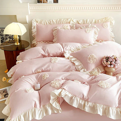 Decobites Pink Stereoscopic Bedding Set: Handwork Flowers Embroidery, Ruffle, Korean Style