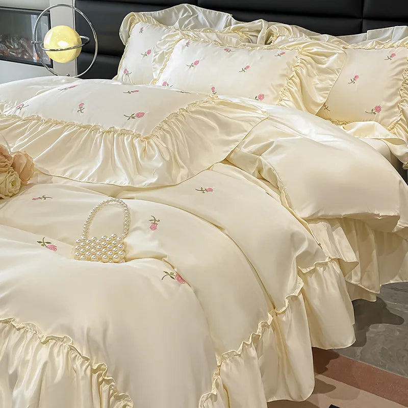 DecorBites™ Ice Silk Embroidery Bedding Sets: Luxury Rayon Duvet Set with Lace, Soft & Cozy