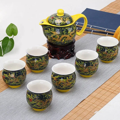 DecorBites™ Double Ceramic Teaware Set: 1 Tea Pot + 6 Cups, Chinese Gongfu Tea Set