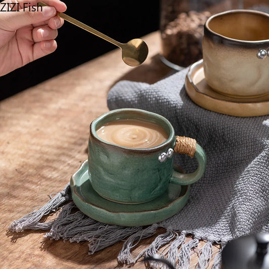 DecorBites™ Coarse Pottery Cup & Saucer Set - Classical Mugs for Dining Table or Coffee