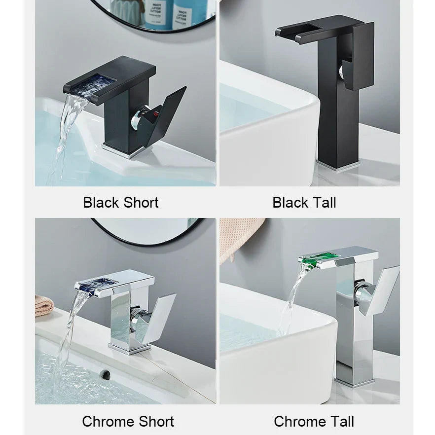 DecorBites™ Black LED Waterfall Bathroom Faucet, Deck Mounted, Three Color Change