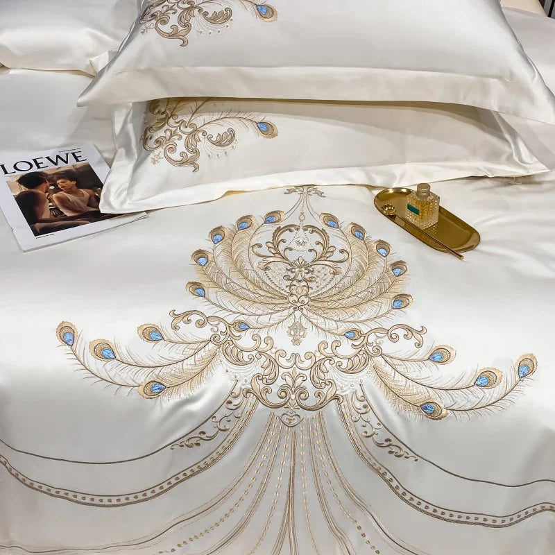DecorBites™ Gold Feather Embroidery Egyptian Cotton Patchwork Bedding Set