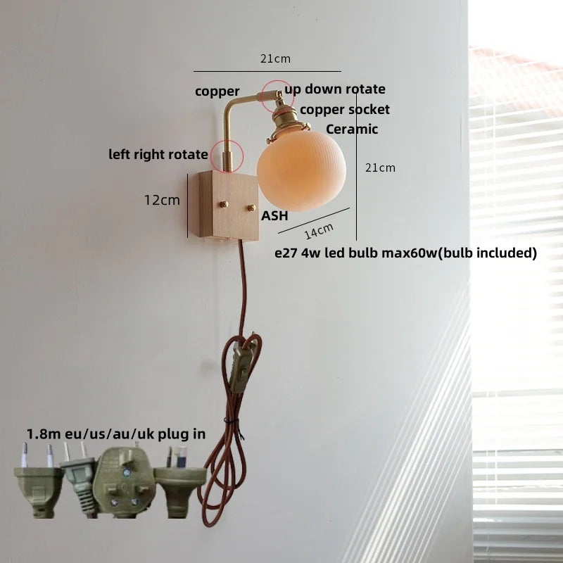 DecorBites™ Globe Ceramic LED Wall Lights Walnut Wood Sconce Rotatable Bedside Lamp