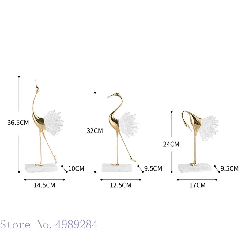 Estatua de artesanía para decoración del hogar DecorBites™ Grulla, pájaro dorado, ágata, mármol y cristal