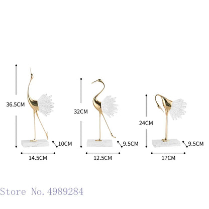 Estatua de artesanía para decoración del hogar DecorBites™ Grulla, pájaro dorado, ágata, mármol y cristal