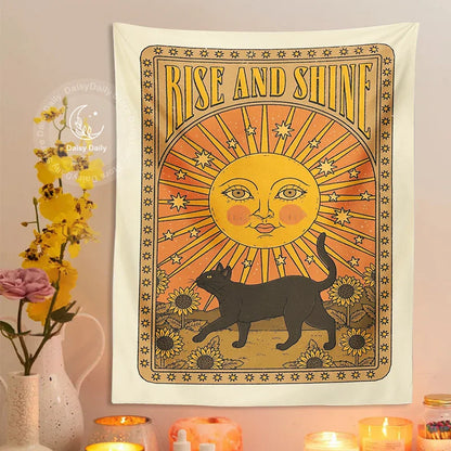 Sun Cat Tarot Tapestry by Decobites: Vintage Boho Wall Art for Witchcraft and Hippie Decor