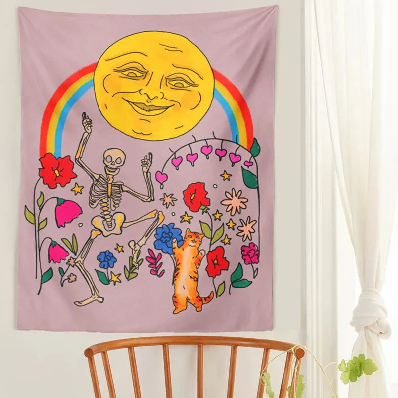 Flower Cats Moon Tapestry Wall Hanging Rainbow Carpet Tapestries for Boho Decor by Decobites