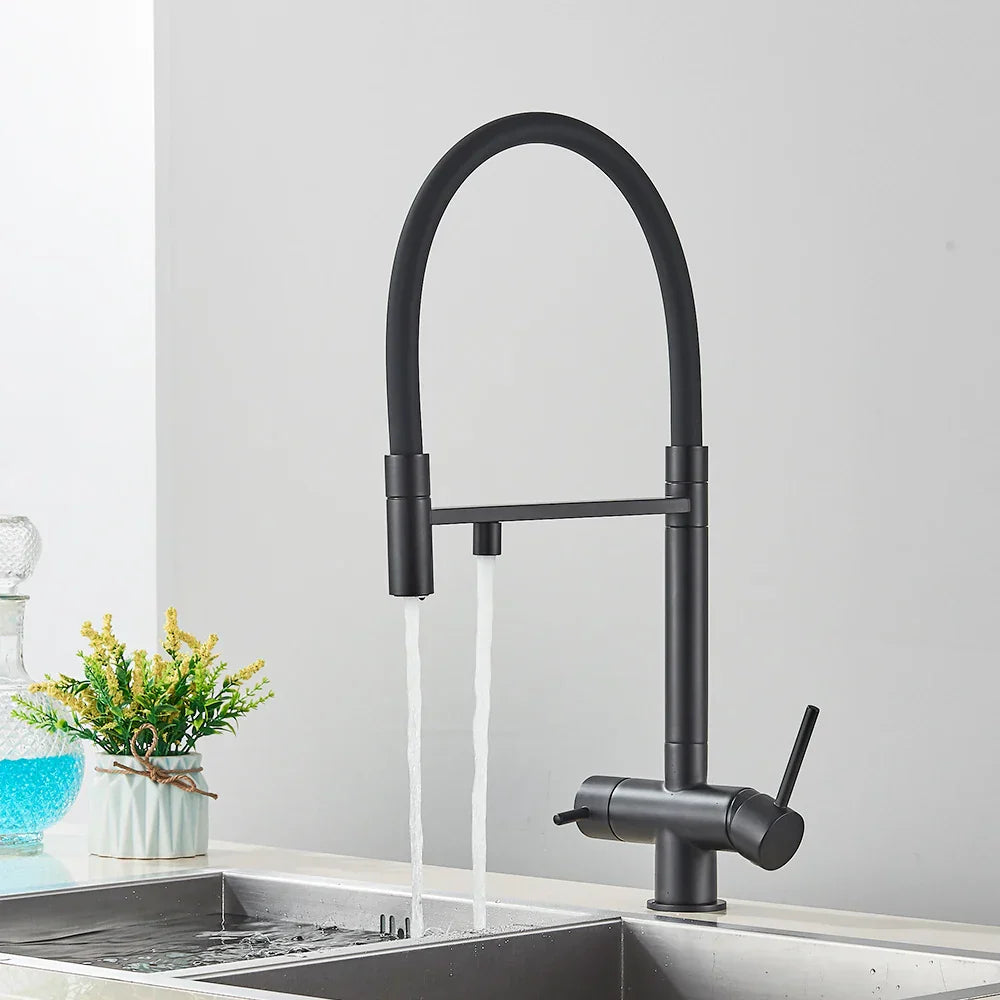 Grifo de cocina filtrado negro Decorbites™ de latón con doble manija para agua pura mezcladora