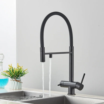 Grifo de cocina filtrado negro Decorbites™ de latón con doble manija para agua pura mezcladora