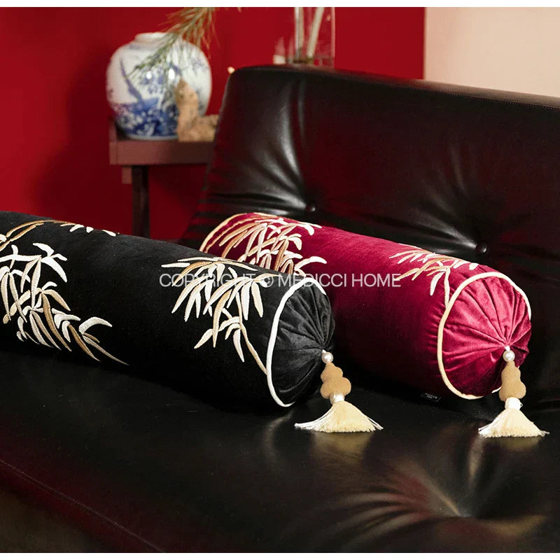 DecorBites™ Bamboo Leaves Embroidery Bolster Pillow Covers - 18x55cm