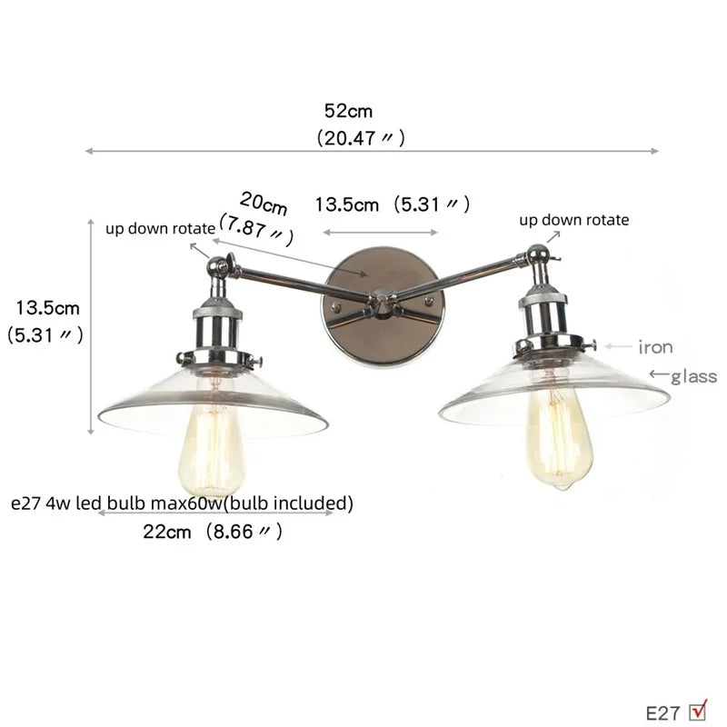 Aplique de pared DecorBites™ de cristal con 2 luces y interruptor de cadena para dormitorio y baño.
