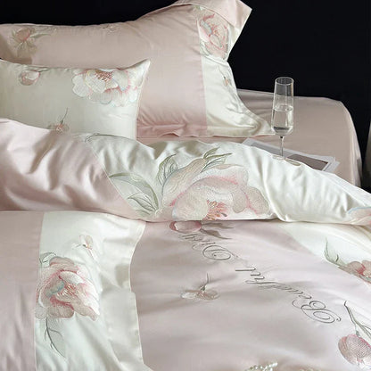 Decobites Pink Flowers Embroidery Luxe Bedding Set: 1000TC Egyptian Cotton Duvet Cover, Bed Sheet, Pillowcases