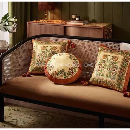 DecorBites™ Gobelin Tapestry Style Reversible Cushion Cover with Tassels and Retro Birds Floral Decor