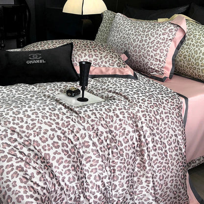 Pink Leopard Jacquard Lyocell Cotton Bedding Set by Decobites - Queen King Size Soft Silky Bed Set