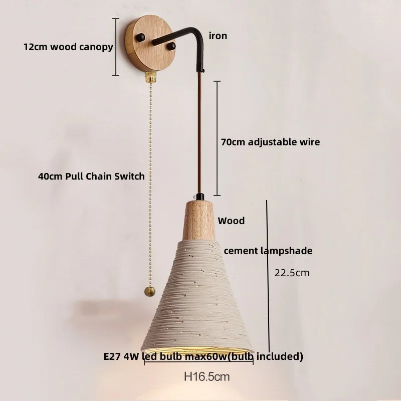 DecorBites™ LED Cement Wall Light with Pull Chain & Wood Socket - Nordic Modern Sconce