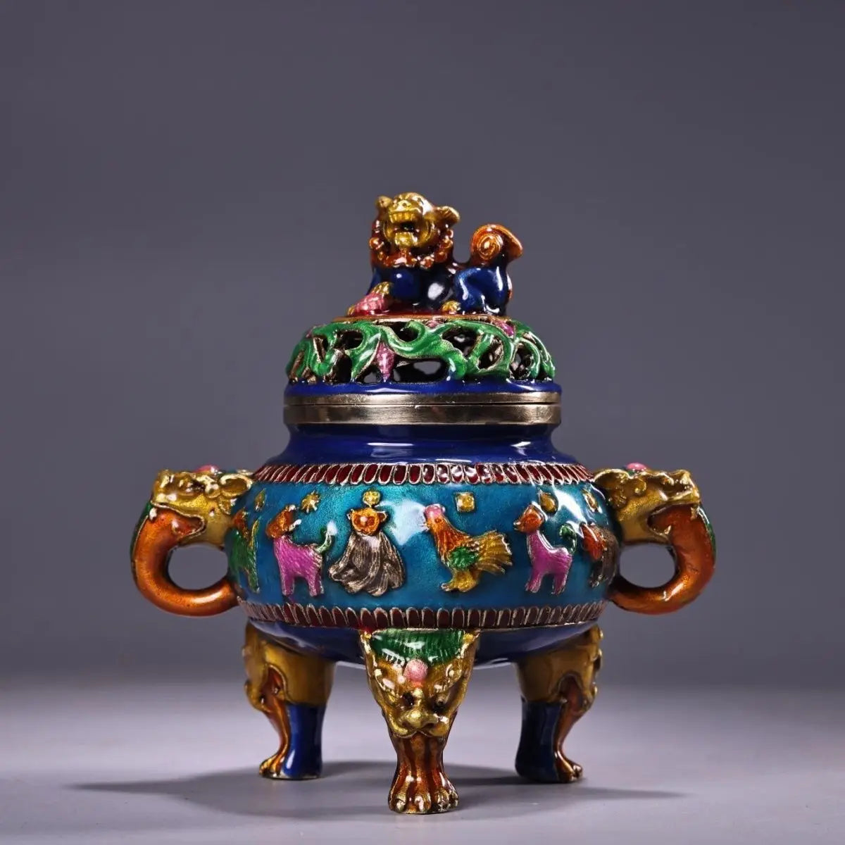 DecorBites™ Bronze Cloisonne Lion Dragon Incense Burner Ornament