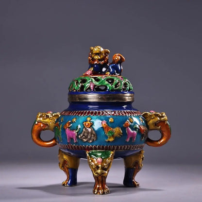 DecorBites™ Bronze Cloisonne Lion Dragon Incense Burner Ornament