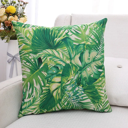DecorBites™ Green Plant Leaves Flower Linen Cushion Cover - Modern Sofa Throw Pillow Cover