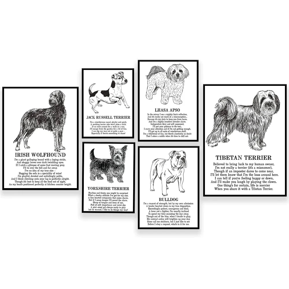 DecorBites™ Cozy Canine Collection: Dog Poetry Poster featuring Lhasa, Sheepdog, Terrier, Bulldog, Tibetan, Yorkie