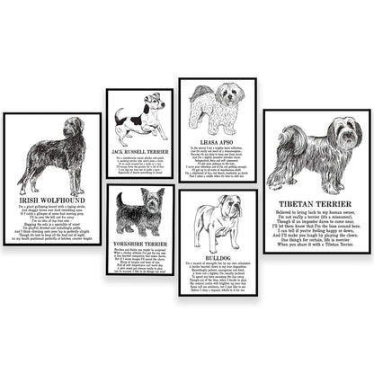 DecorBites™ Cozy Canine Collection: Dog Poetry Poster featuring Lhasa, Sheepdog, Terrier, Bulldog, Tibetan, Yorkie