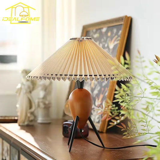 DecorBites™ Bauhaus Pleated Wood Table Lamp LED E27 Solid Fabric Desk Light