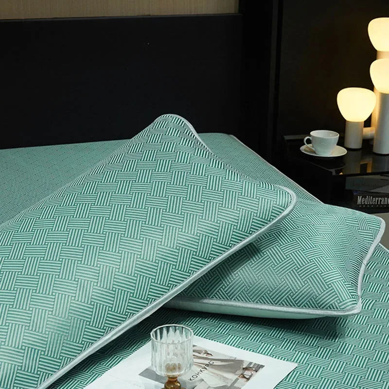 DecorBites™ Antibacterial Ice Silky Soft Fitted Sheet Set, Striped Geometric Pattern, Breathable Mattress Cover