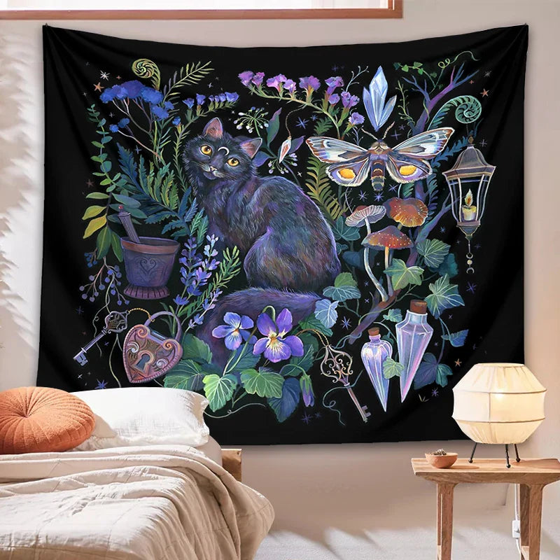 Boho Garden Tapestry Moon Moth Psychedelic Botanical Wall Hanging by Decobites.