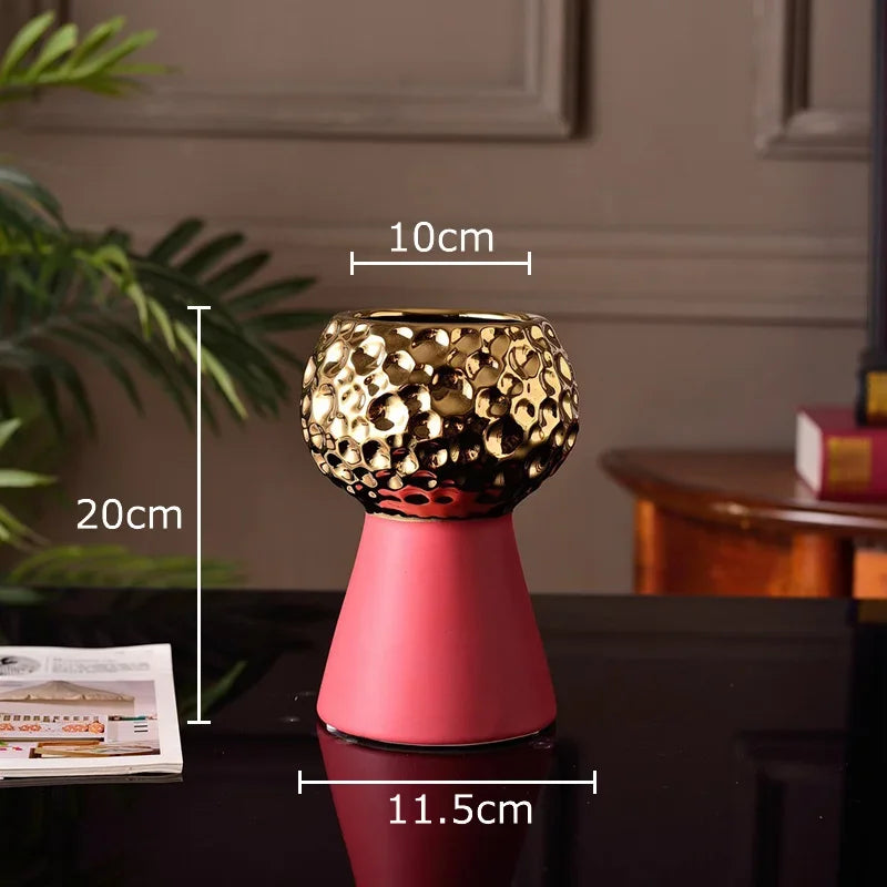 Jarrón de cerámica con patrón de martillo dorado Decorbites™: Maceta creativa para decoración de mesa y arreglo floral